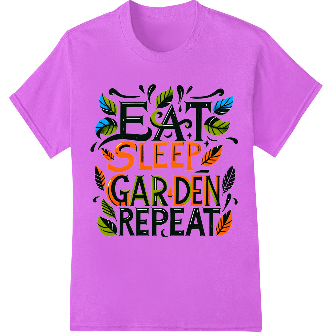 Vibrant 'EAT SLEEP GARDEN REPEAT' DTF Print Heat Transfer on purple shirt - SUPERDTF-DTF Prints-DTF Transfers-Custom DTF Prints