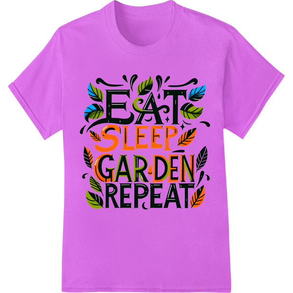 Vibrant 'EAT SLEEP GARDEN REPEAT' DTF Print Heat Transfer on purple shirt - SUPERDTF-DTF Prints-DTF Transfers-Custom DTF Prints