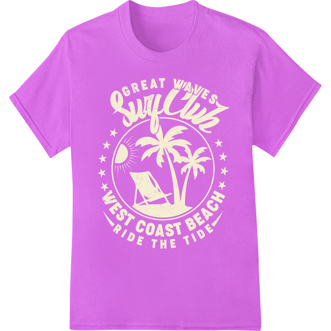 Retro 90s Surf Club Heat Transfer Print | Summer Nostalgia on purple shirt - SUPERDTF-DTF Prints-DTF Transfers-Custom DTF Prints