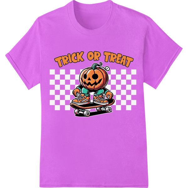 Fun and festive jack-o-lantern pumpkin design with skateboard wheels for DTF heat transfer printing on Halloween apparel.