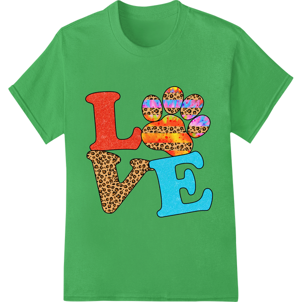 LOVE Dog Mom Paw Print Rainbow DTF Heat Transfer Design on green shirt - SUPERDTF-DTF Prints-DTF Transfers-Custom DTF Prints