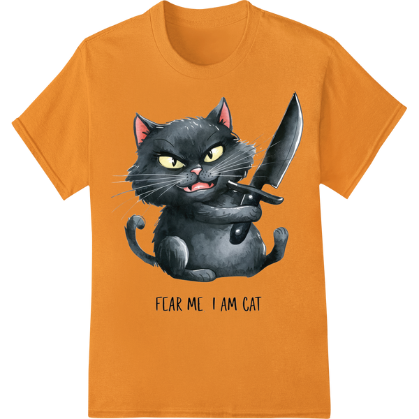 Fierce Feline Halloween Humor: 'Fear Me I Am Cat' DTF Print on orange shirt - SUPERDTF-DTF Prints-DTF Transfers-Custom DTF Prints