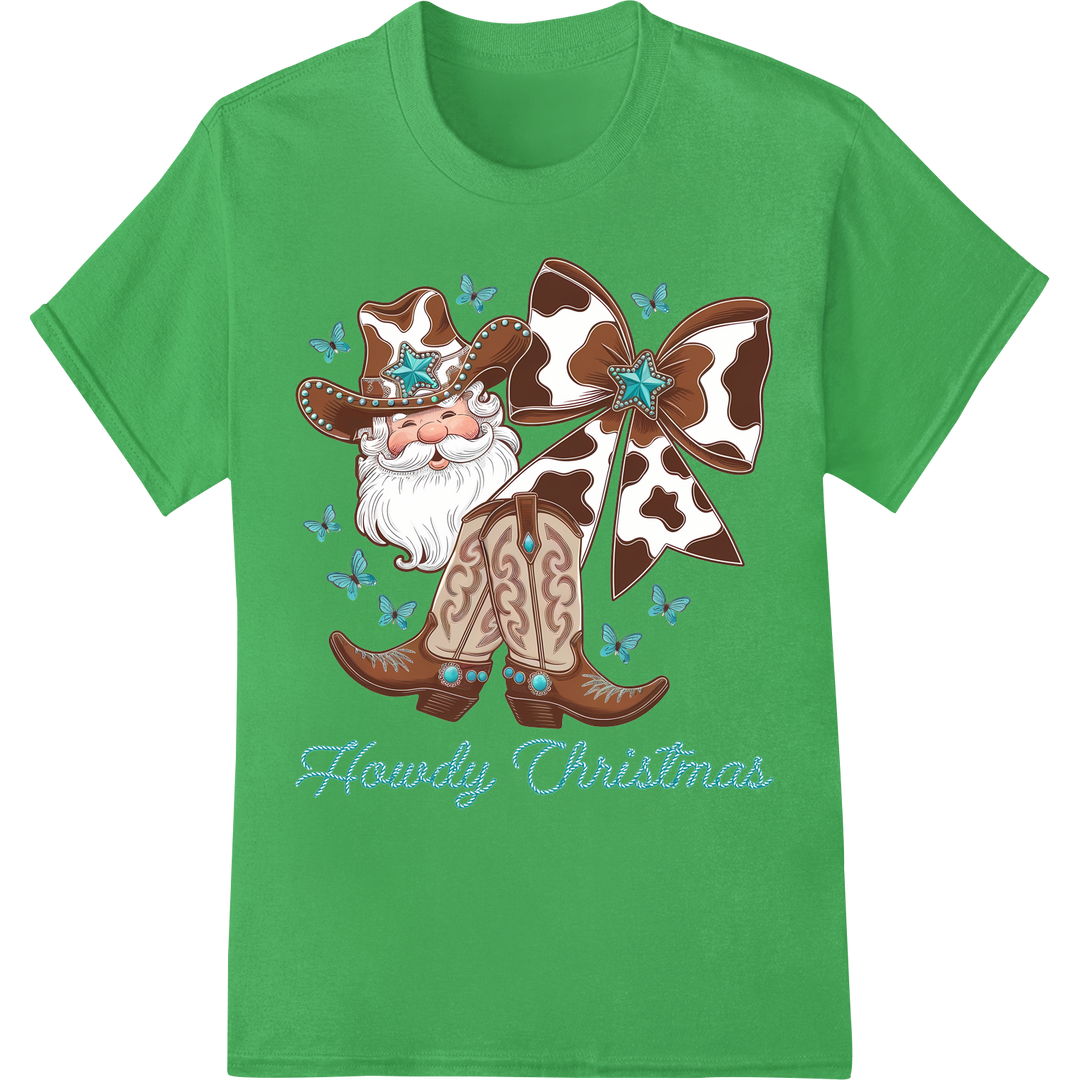 Cowboy Santa Claus: Festive Western Christmas DTF Print on green shirt - SUPERDTF-DTF Prints-DTF Transfers-Custom DTF Prints