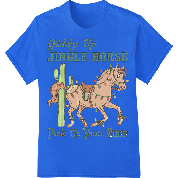 Giddy Up Jingle Horse: Festive Western DTF Print Transfer on blue shirt - SUPERDTF-DTF Prints-DTF Transfers-Custom DTF Prints