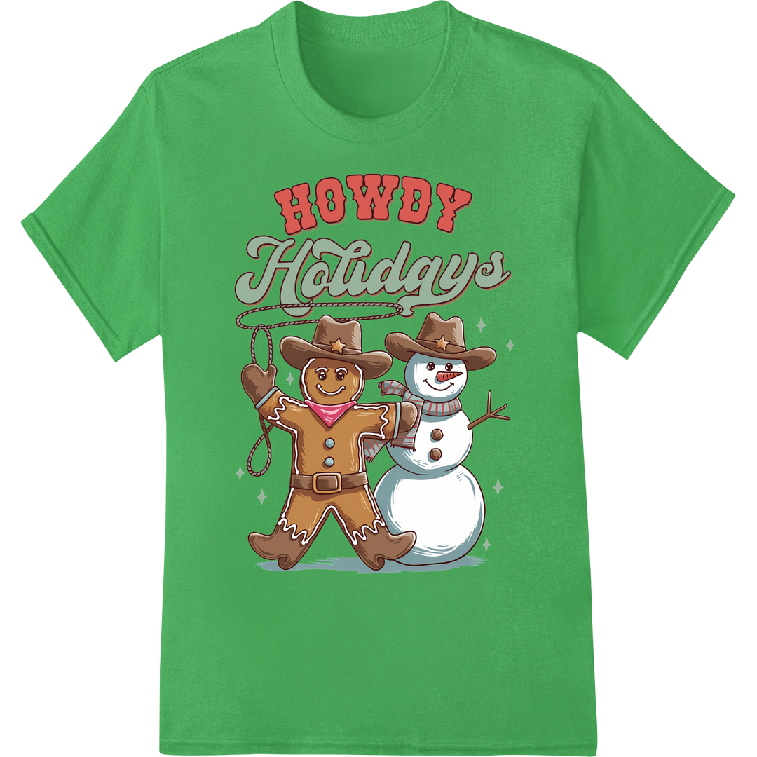 Lasso Up Some Cheer with Our Howdy Holidays DTF Print! on green shirt - SUPERDTF-DTF Prints-DTF Transfers-Custom DTF Prints