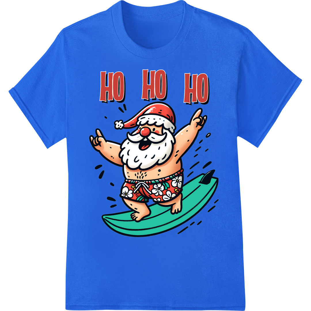 Surfing Santa DTF Print Heat Transfer - Hilarious Holiday Hit on blue shirt - SUPERDTF-DTF Prints-DTF Transfers-Custom DTF Prints