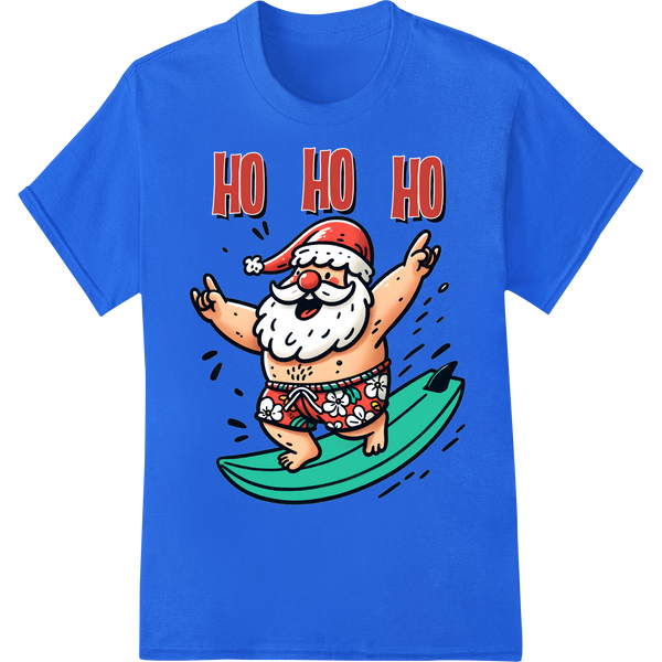 Surfing Santa DTF Print Heat Transfer - Hilarious Holiday Hit on blue shirt - SUPERDTF-DTF Prints-DTF Transfers-Custom DTF Prints