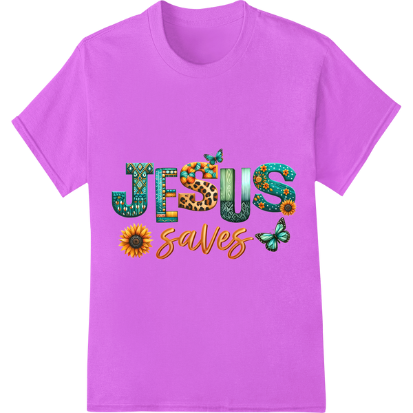 Vibrant "Jesus Saves" DTF Print with Butterflies & Sunflowers on purple shirt - SUPERDTF-DTF Prints-DTF Transfers-Custom DTF Prints