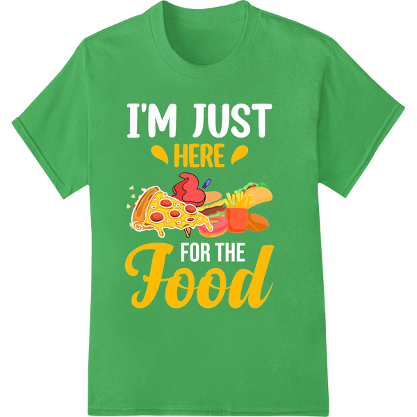 Appetizing 'Here Food' Pizza Illustration DTF Print on green shirt - SUPERDTF-DTF Prints-DTF Transfers-Custom DTF Prints