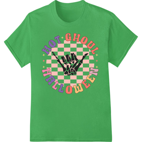 Hot Ghoul Halloween: Spooky Skeleton Rock On DTF Print on green shirt - SUPERDTF-DTF Prints-DTF Transfers-Custom DTF Prints