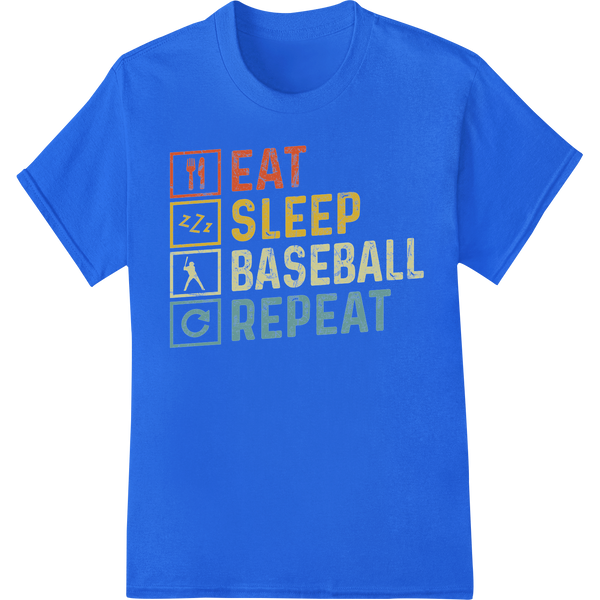 Bold Baseball Fan DTF Print | Eat Sleep Repeat Sports Tee on blue shirt - SUPERDTF-DTF Prints-DTF Transfers-Custom DTF Prints