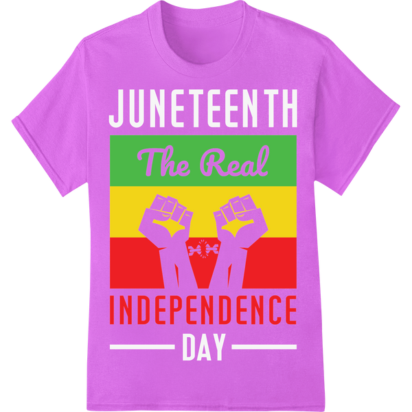 The Real INDEPENDENCE: Bold Juneteenth DTF Print Design on purple shirt - SUPERDTF-DTF Prints-DTF Transfers-Custom DTF Prints