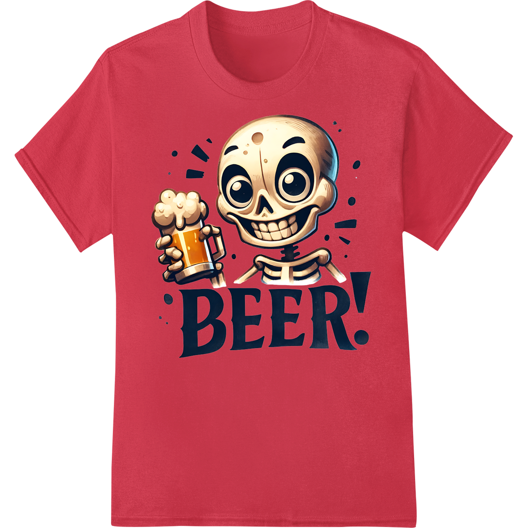 Raise Your Glass to this 'BEER!' Skeleton DTF Print Transfer on red shirt - SUPERDTF-DTF Prints-DTF Transfers-Custom DTF Prints