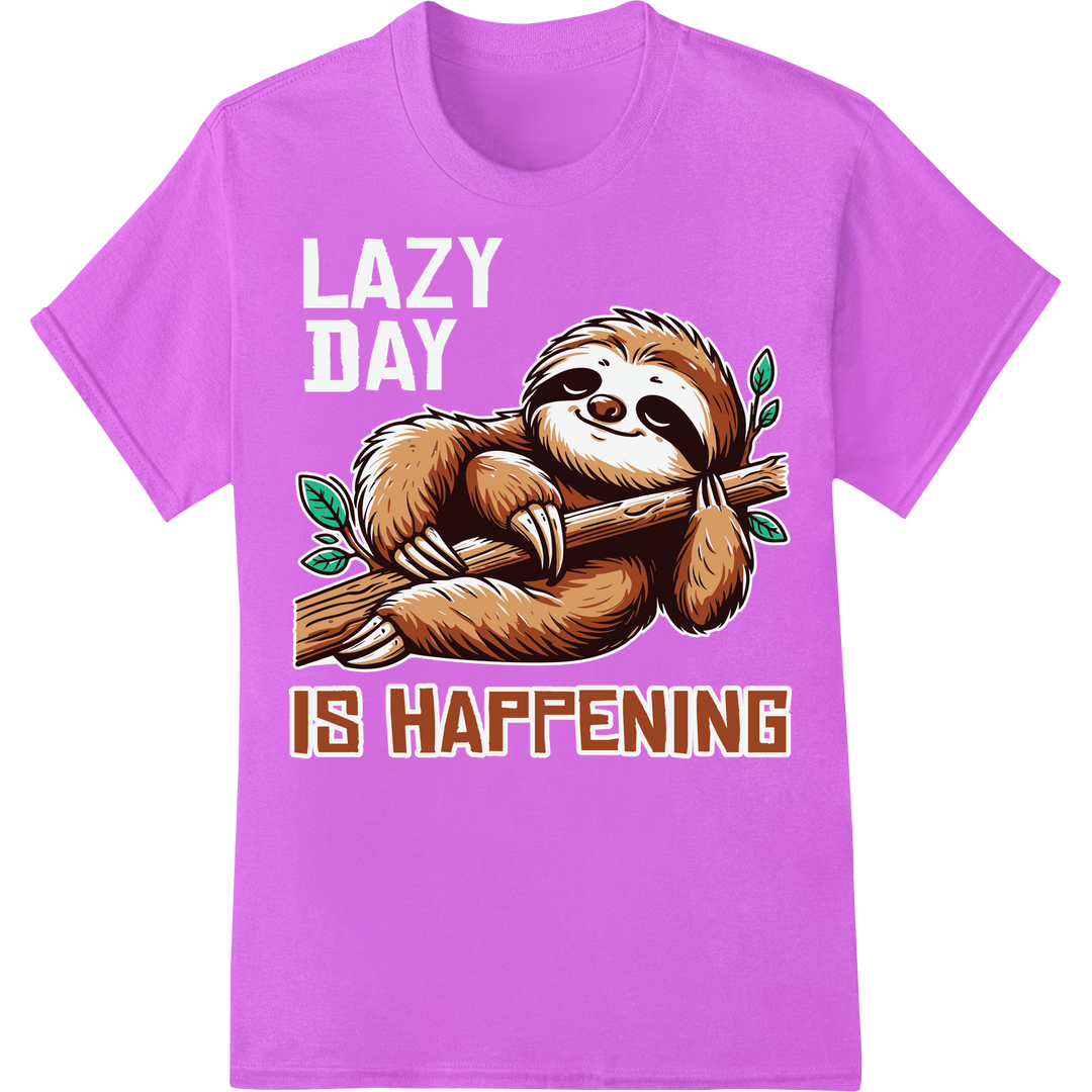 Hilarious Sloth "IS HAPPENING" DTF Print Heat Transfer on purple shirt - SUPERDTF-DTF Prints-DTF Transfers-Custom DTF Prints