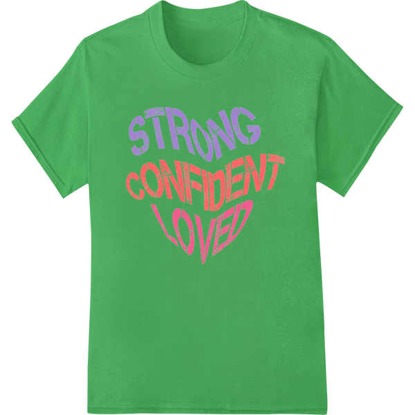 Strong Confident Loved - Empowering Valentine's DTF Print on green shirt - SUPERDTF-DTF Prints-DTF Transfers-Custom DTF Prints