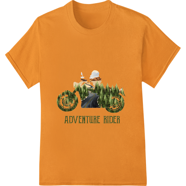 Ride Wild: Super DTF Camping Adventure Motorcycle Print on orange shirt - SUPERDTF-DTF Prints-DTF Transfers-Custom DTF Prints