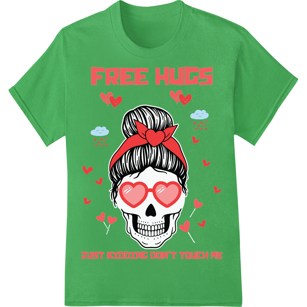 Edgy Skeleton Valentine 'FREE HUGS' DTF Print Heat Transfer on green shirt - SUPERDTF-DTF Prints-DTF Transfers-Custom DTF Prints