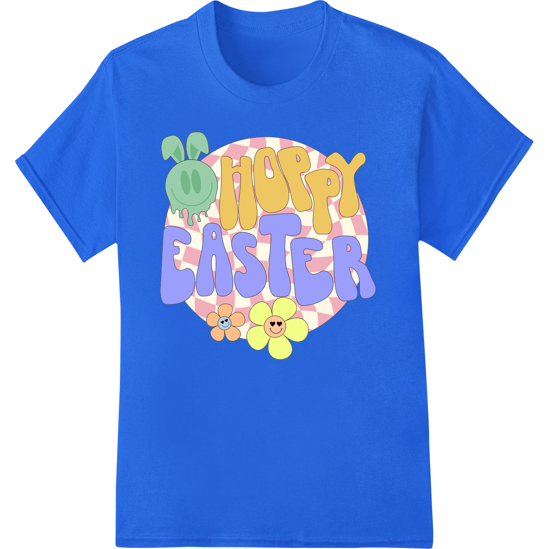 Hoppy Easter Groovy Vibes: Festive DTF Print Heat Transfer on blue shirt - SUPERDTF-DTF Prints-DTF Transfers-Custom DTF Prints