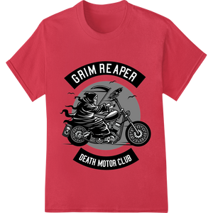 Durable innovative apparel printing applied to Grim Reaper Death Motor Club - Edgy Biker Heat Transfer