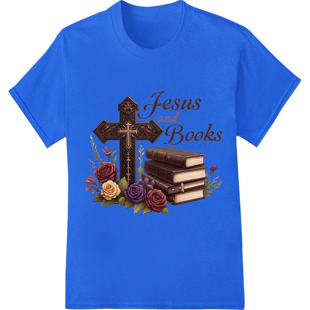 Jesus & Books: Faith Meets Literature DTF Print Design on blue shirt - SUPERDTF-DTF Prints-DTF Transfers-Custom DTF Prints