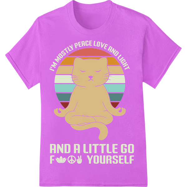 Yoga Cat: Peace, Love, Light & A Little Attitude on purple shirt - SUPERDTF-DTF Prints-DTF Transfers-Custom DTF Prints