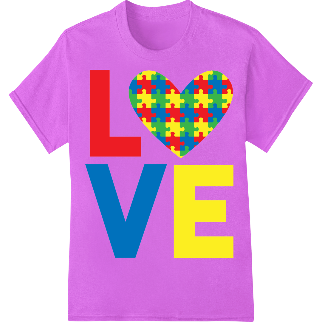 Vibrant Autism Awareness Puzzle Heart DTF Print Heat Transfer on purple shirt - SUPERDTF-DTF Prints-DTF Transfers-Custom DTF Prints