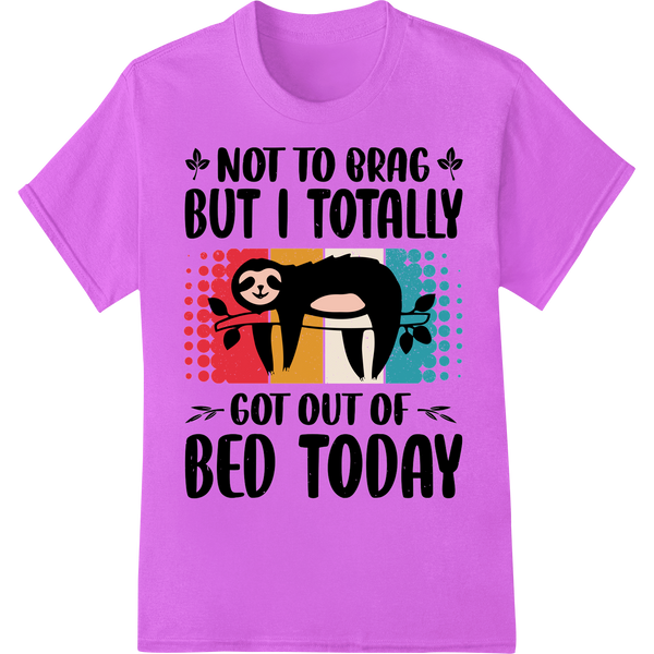 Retro Sloth Humor: 'Got Out of Bed' DTF Print Heat Transfer on purple shirt - SUPERDTF-DTF Prints-DTF Transfers-Custom DTF Prints