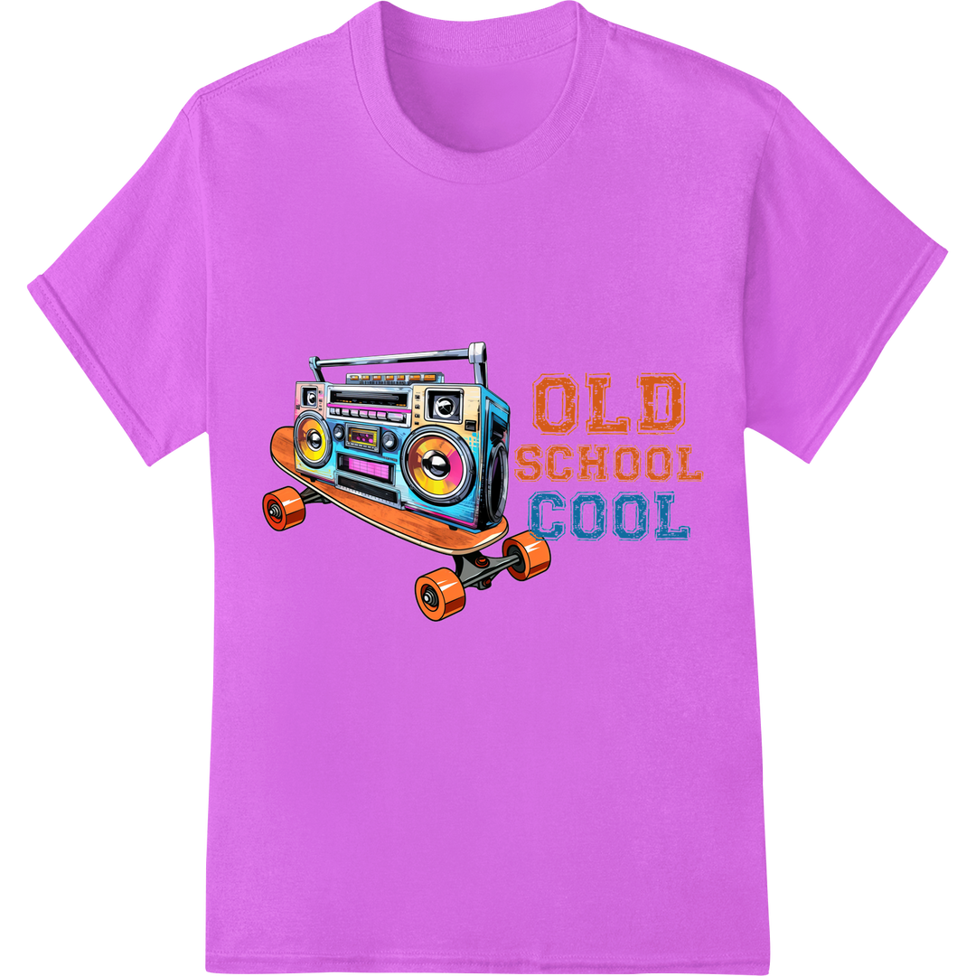 Old School Cool: Retro Boombox Skateboard DTF Print Transfer on purple shirt - SUPERDTF-DTF Prints-DTF Transfers-Custom DTF Prints