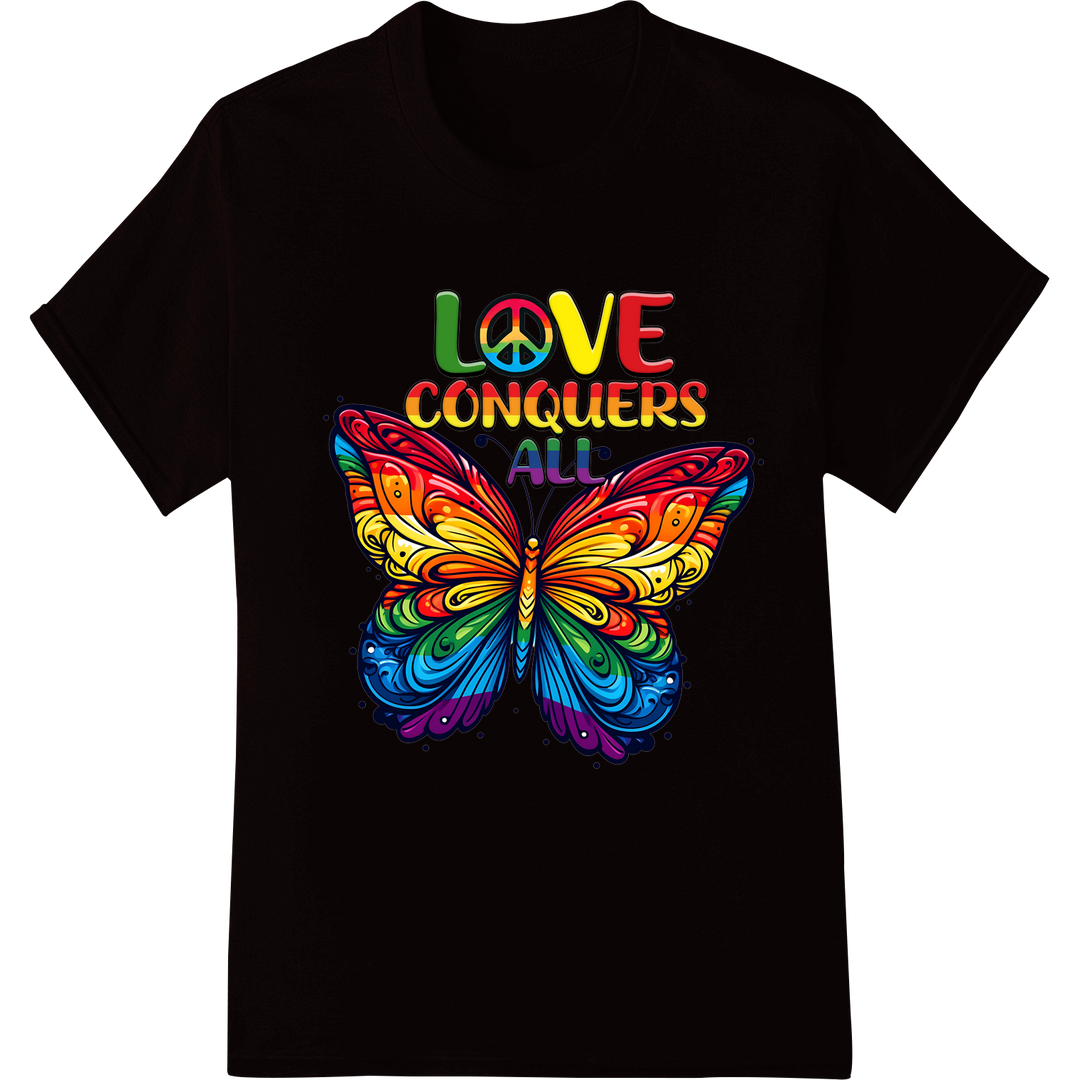 'Love Conquers All' Rainbow Butterfly DTF Heat Transfer on black shirt - SUPERDTF-DTF Prints-DTF Transfers-Custom DTF Prints