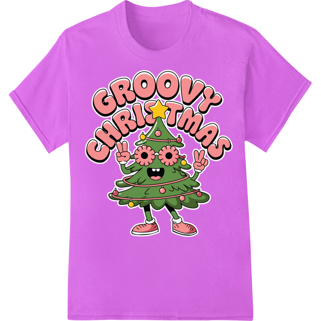 Groovy Retro Christmas Tree DTF Print Heat Transfer on purple shirt - SUPERDTF-DTF Prints-DTF Transfers-Custom DTF Prints