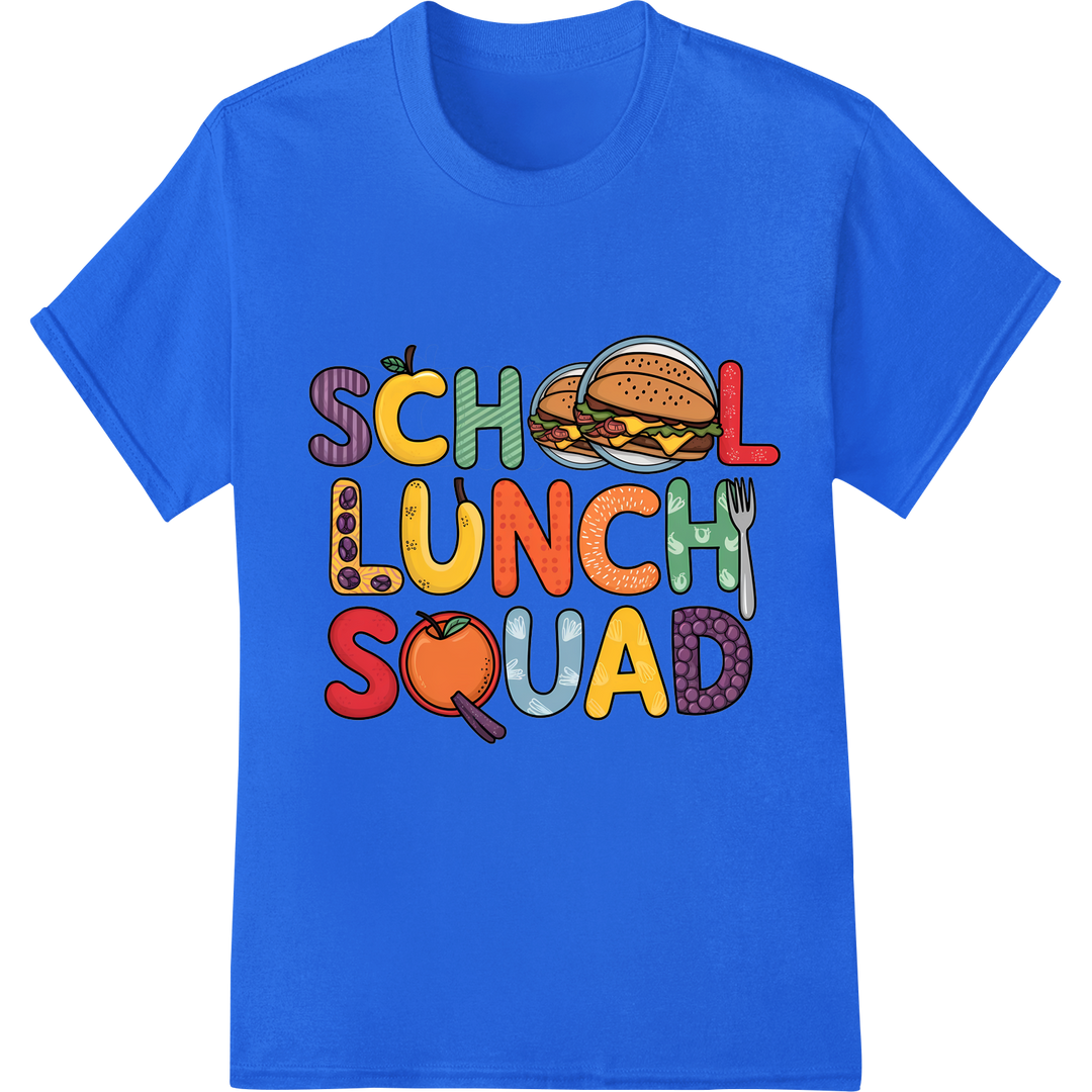 Join the School Lunch Squad with this Fun Food DTF Print on blue shirt - SUPERDTF-DTF Prints-DTF Transfers-Custom DTF Prints