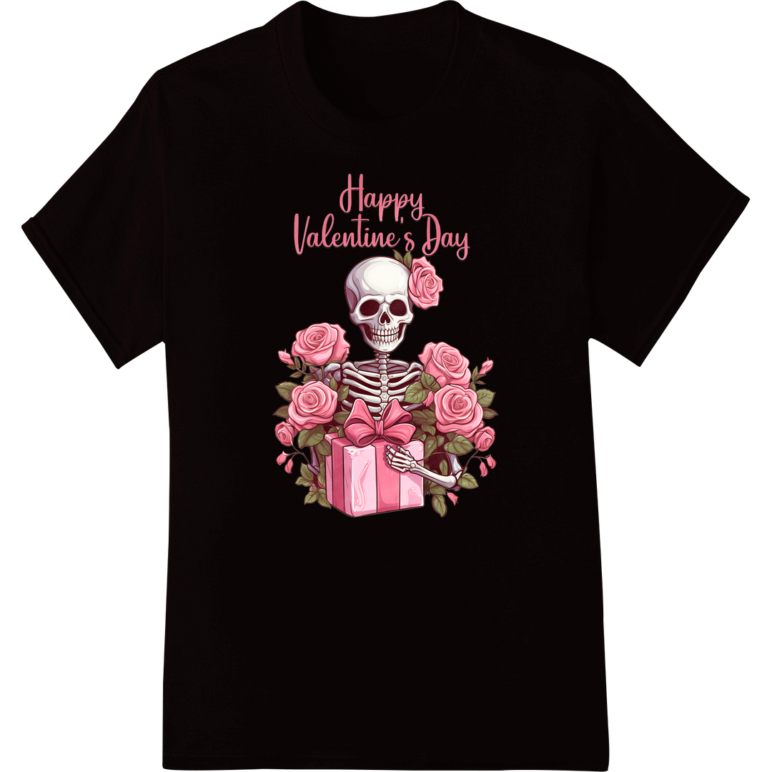 Skeleton's Rosy Valentine: Darkly Humorous DTF Heat Transfer on black shirt - SUPERDTF-DTF Prints-DTF Transfers-Custom DTF Prints