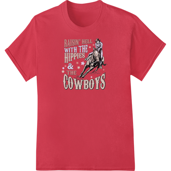 A bold and vibrant DTF print design featuring a cowboy raisin' hell with a Western bandana and six-shooter pistol