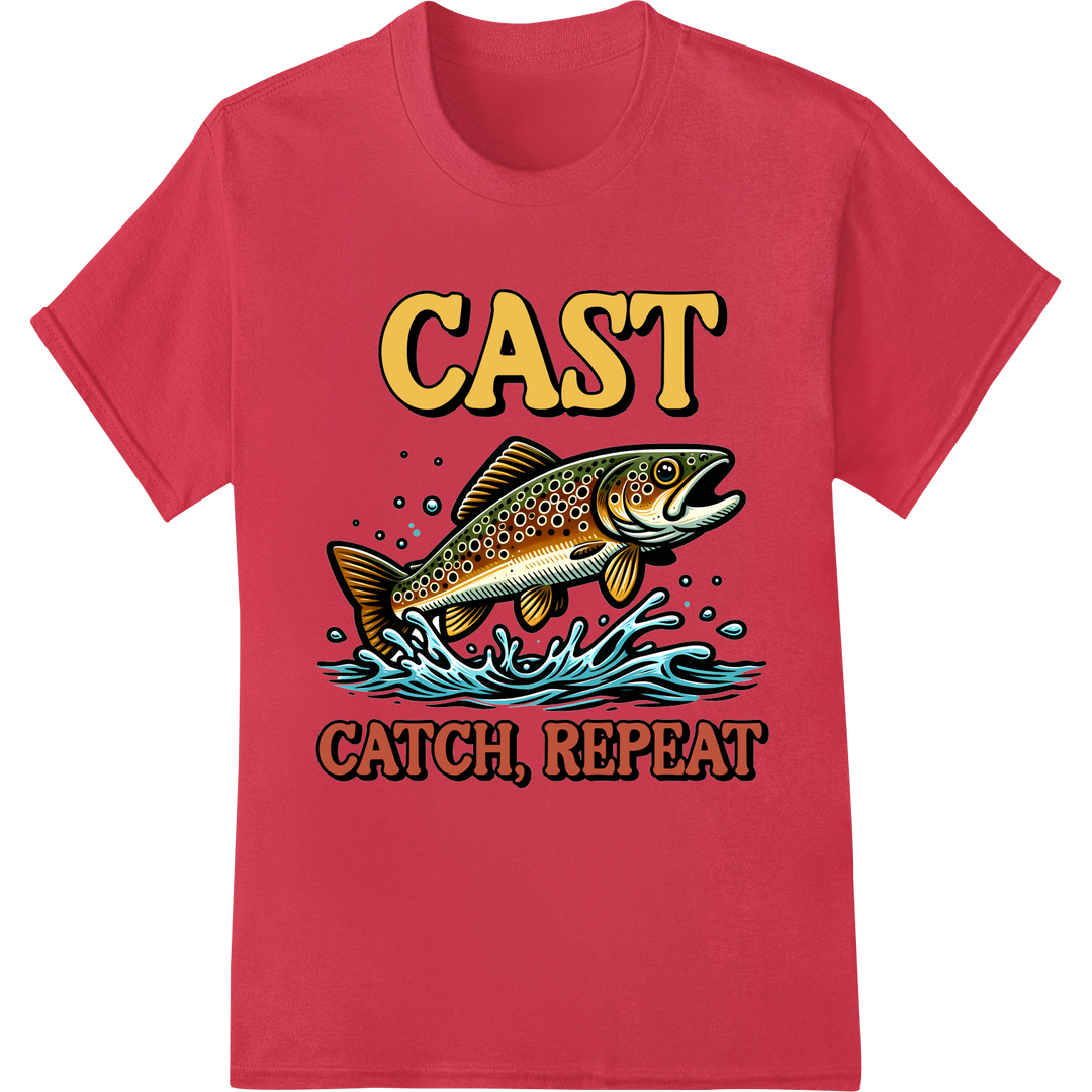 Cast, Catch, Repeat: Vibrant Fishing DTF Print Heat Transfer on red shirt - SUPERDTF-DTF Prints-DTF Transfers-Custom DTF Prints