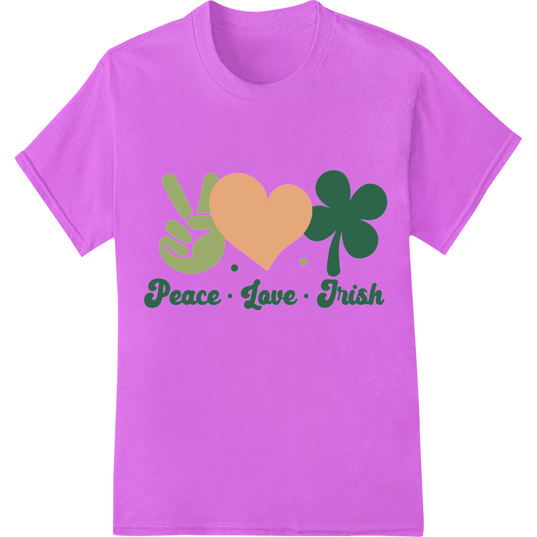 Peace Love Irish: Charming St. Patrick's Day DTF Print on purple shirt - SUPERDTF-DTF Prints-DTF Transfers-Custom DTF Prints