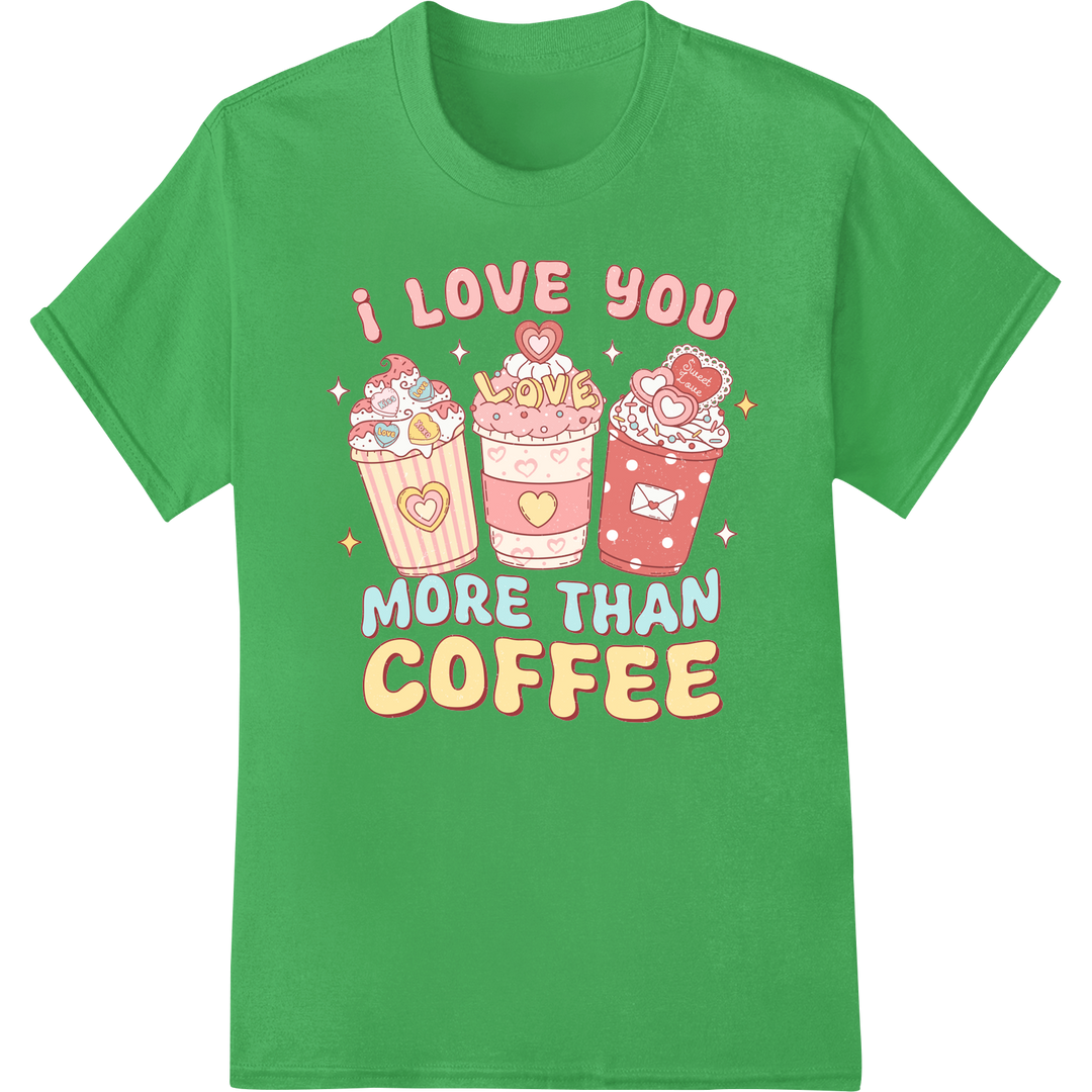 Retro 'I Love You More Than Coffee' Valentine's DTF Print on green shirt - SUPERDTF-DTF Prints-DTF Transfers-Custom DTF Prints