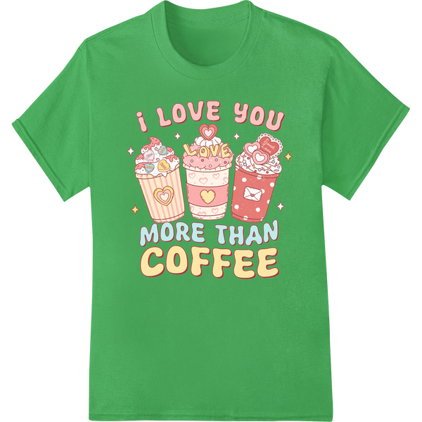 Retro 'I Love You More Than Coffee' Valentine's DTF Print on green shirt - SUPERDTF-DTF Prints-DTF Transfers-Custom DTF Prints