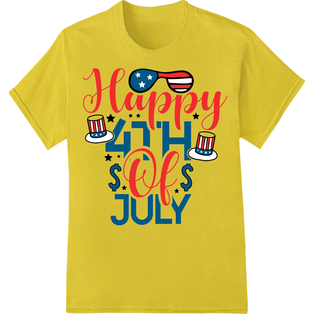 Patriotic Happy 4th of July DTF Print Heat Transfer on yellow shirt - SUPERDTF-DTF Prints-DTF Transfers-Custom DTF Prints