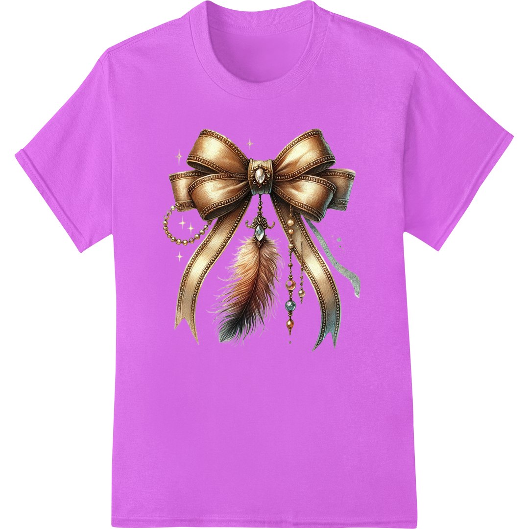 Elegant Mardi Gras Bow with Feathers DTF Transfer Print on purple shirt - SUPERDTF-DTF Prints-DTF Transfers-Custom DTF Prints