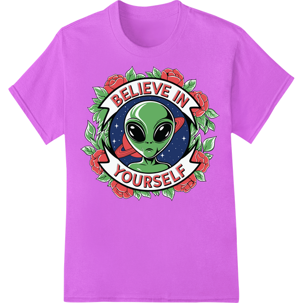 Sarcastic Alien 'Believe in Yourself' DTF Print Transfer on purple shirt - SUPERDTF-DTF Prints-DTF Transfers-Custom DTF Prints