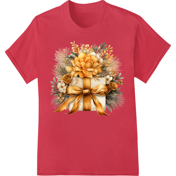 Golden Christmas Floral Elegance: Festive DTF Print Design on red shirt - SUPERDTF-DTF Prints-DTF Transfers-Custom DTF Prints