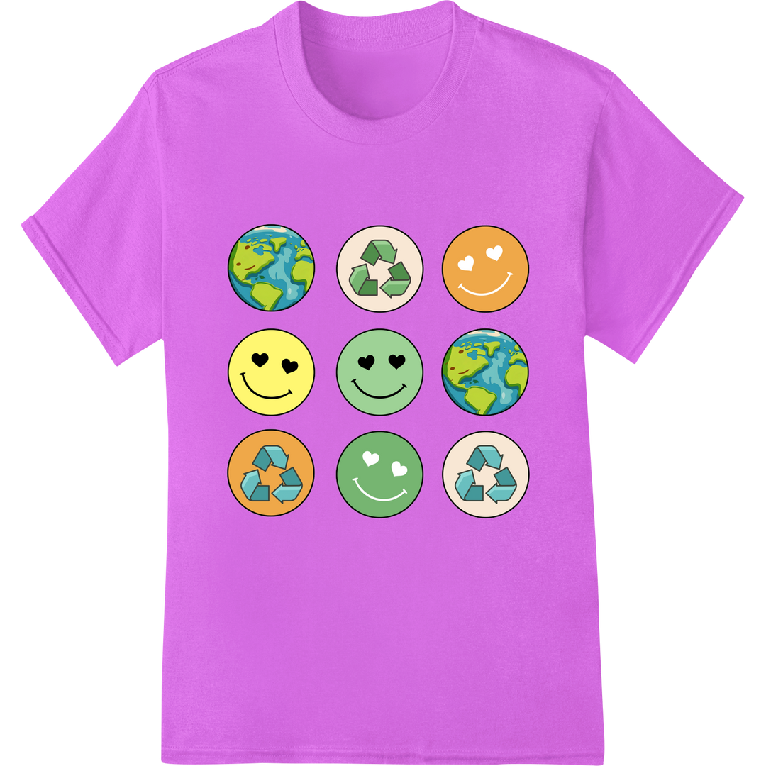 Eco Emoji Ensemble: Vibrant DTF Print for Earth Day Style on purple shirt - SUPERDTF-DTF Prints-DTF Transfers-Custom DTF Prints