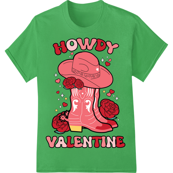 Adorable Cowgirl 'Howdy Valentine' DTF Print Heat Transfer on green shirt - SUPERDTF-DTF Prints-DTF Transfers-Custom DTF Prints