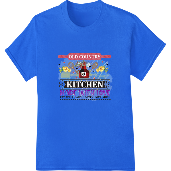 Vintage inspired rustic 'Old Country Kitchen' heat transfer design with distressed text and illustrations of cooking utensils