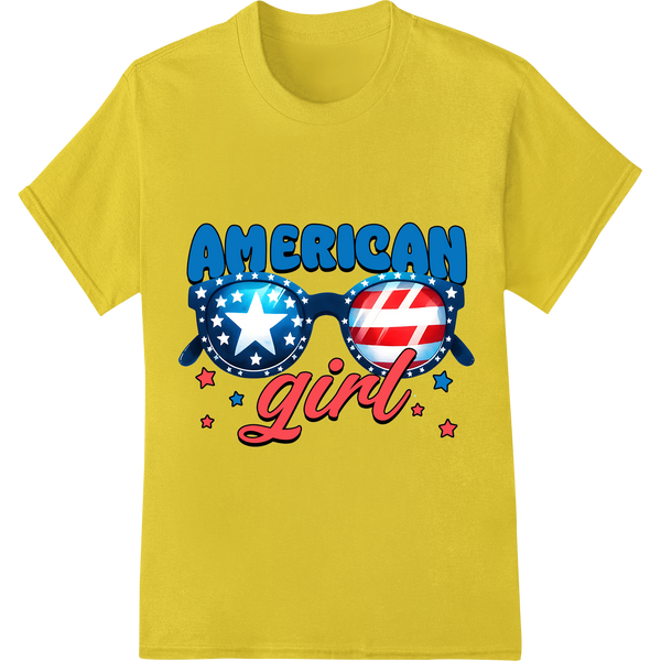 Patriotic American Girl DTF Print for 4th of July Style on yellow shirt - SUPERDTF-DTF Prints-DTF Transfers-Custom DTF Prints