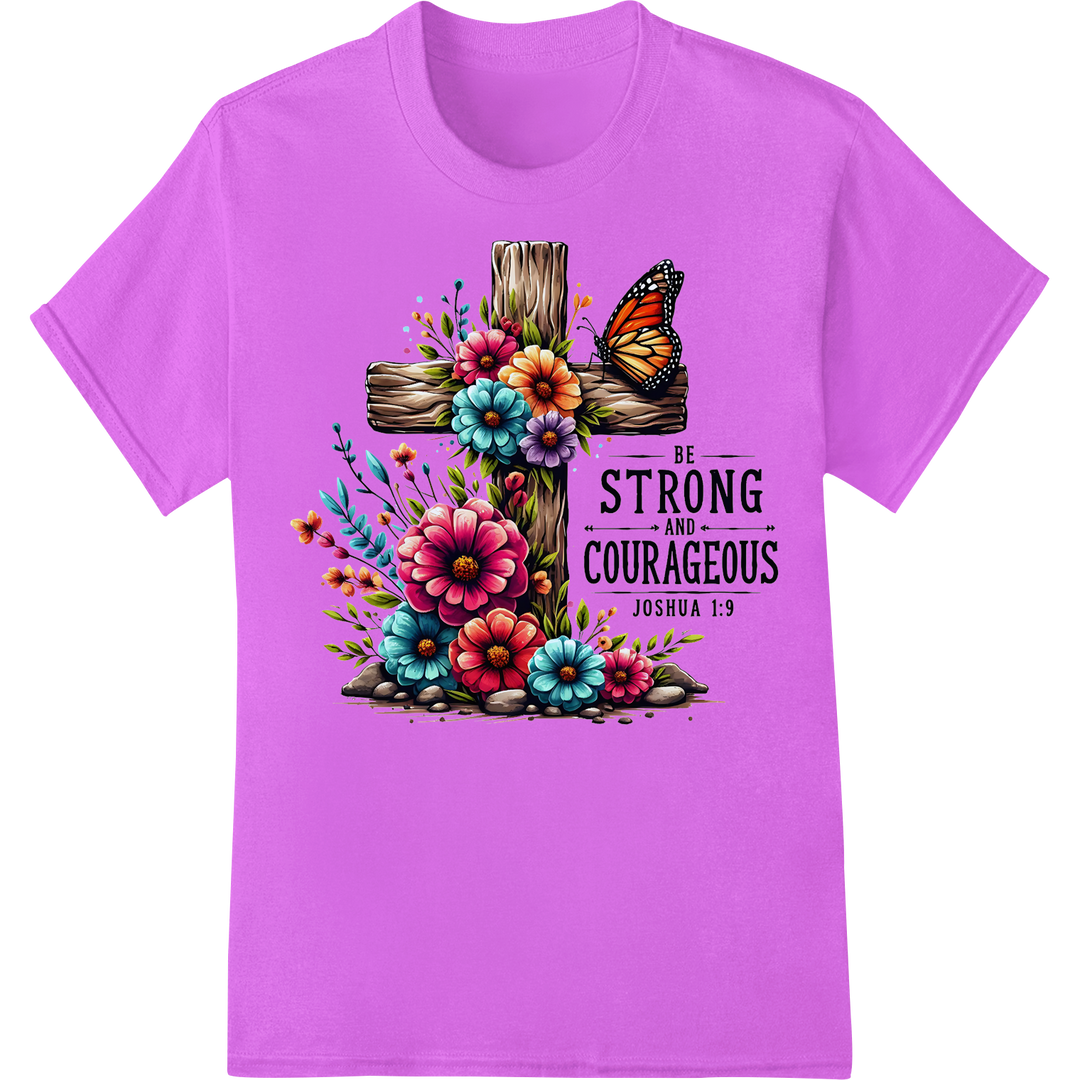 Floral Cross DTF Transfer: Be Strong, Courageous Joshua 1:9 on purple shirt - SUPERDTF-DTF Prints-DTF Transfers-Custom DTF Prints