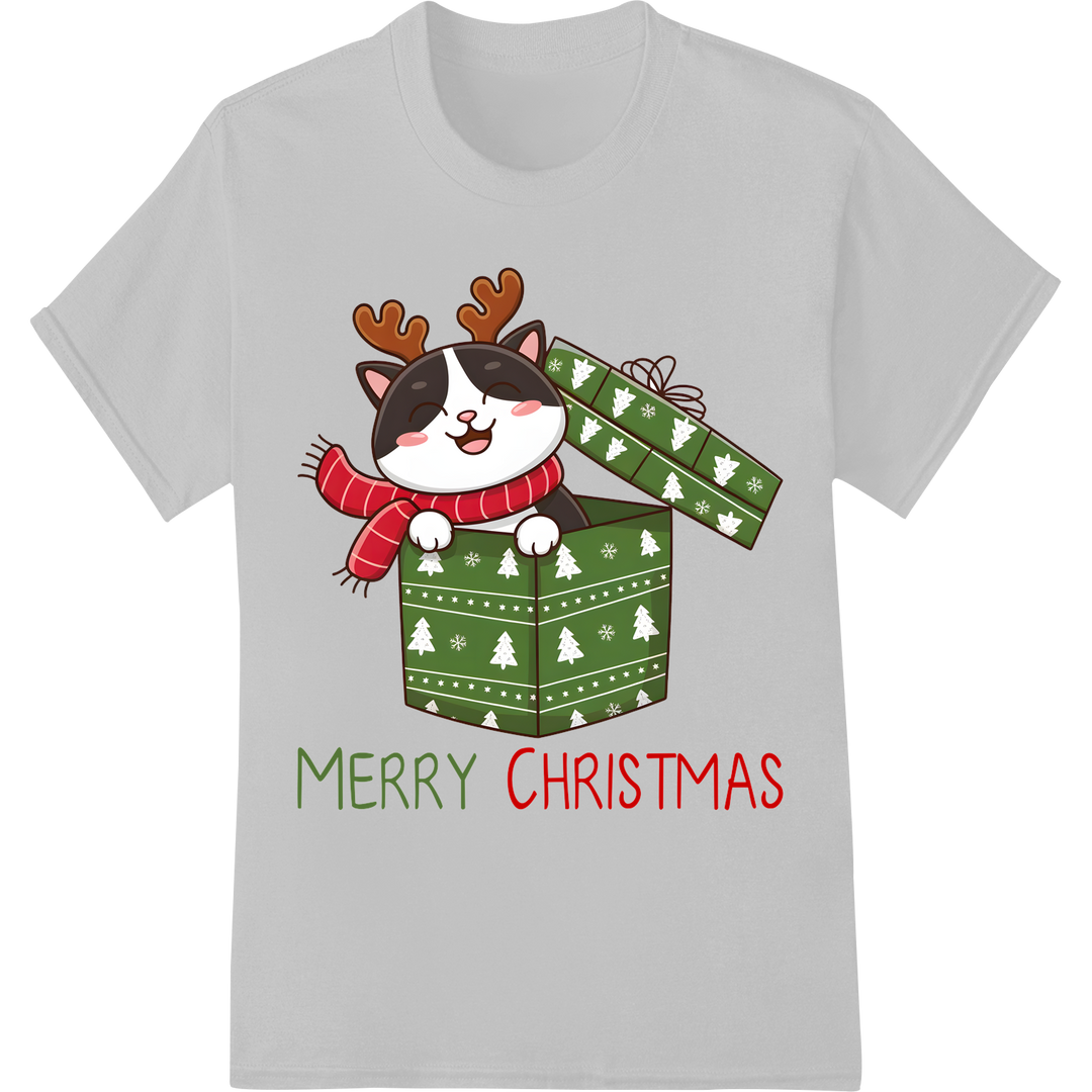 Funny Christmas Cat Gift Box | Feline Festive Heat Transfer on white shirt - SUPERDTF-DTF Prints-DTF Transfers-Custom DTF Prints