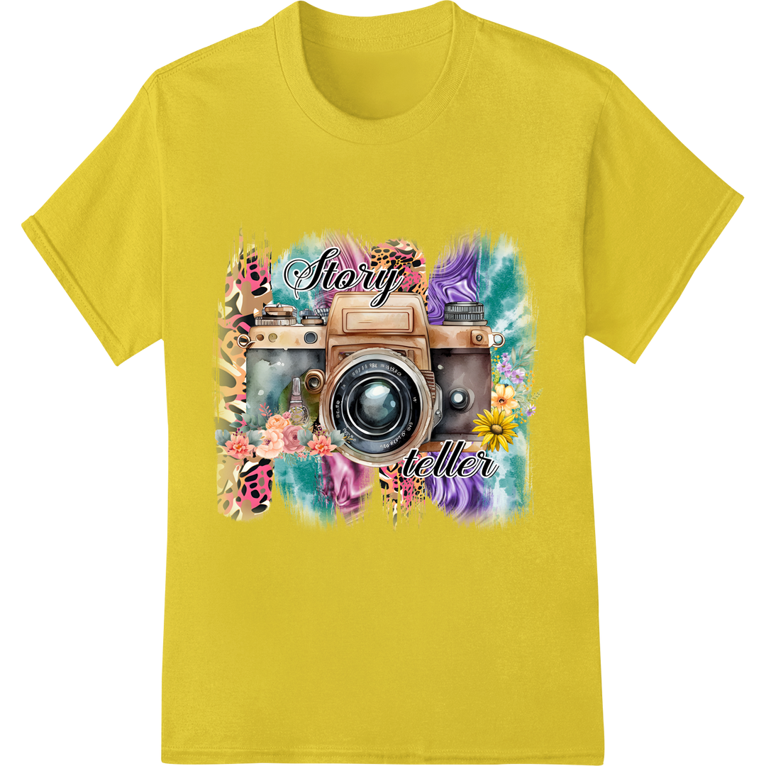 Vibrant Storyteller: Abstract Camera DTF Print Heat Transfer on yellow shirt - SUPERDTF-DTF Prints-DTF Transfers-Custom DTF Prints