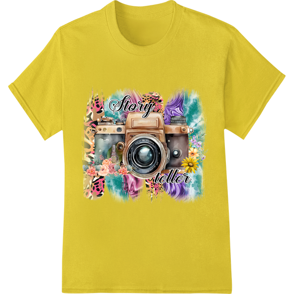 Vibrant Storyteller: Abstract Camera DTF Print Heat Transfer on yellow shirt - SUPERDTF-DTF Prints-DTF Transfers-Custom DTF Prints