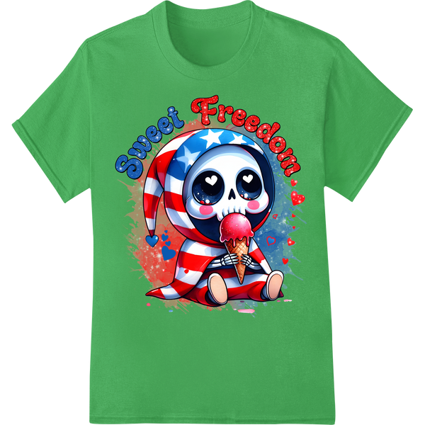 Sweet Freedom Patriotic Grim Reaper Skull DTF Print on green shirt - SUPERDTF-DTF Prints-DTF Transfers-Custom DTF Prints